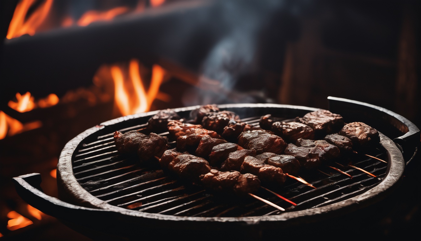Charcoal grill with kofta and kabab skewers over embers