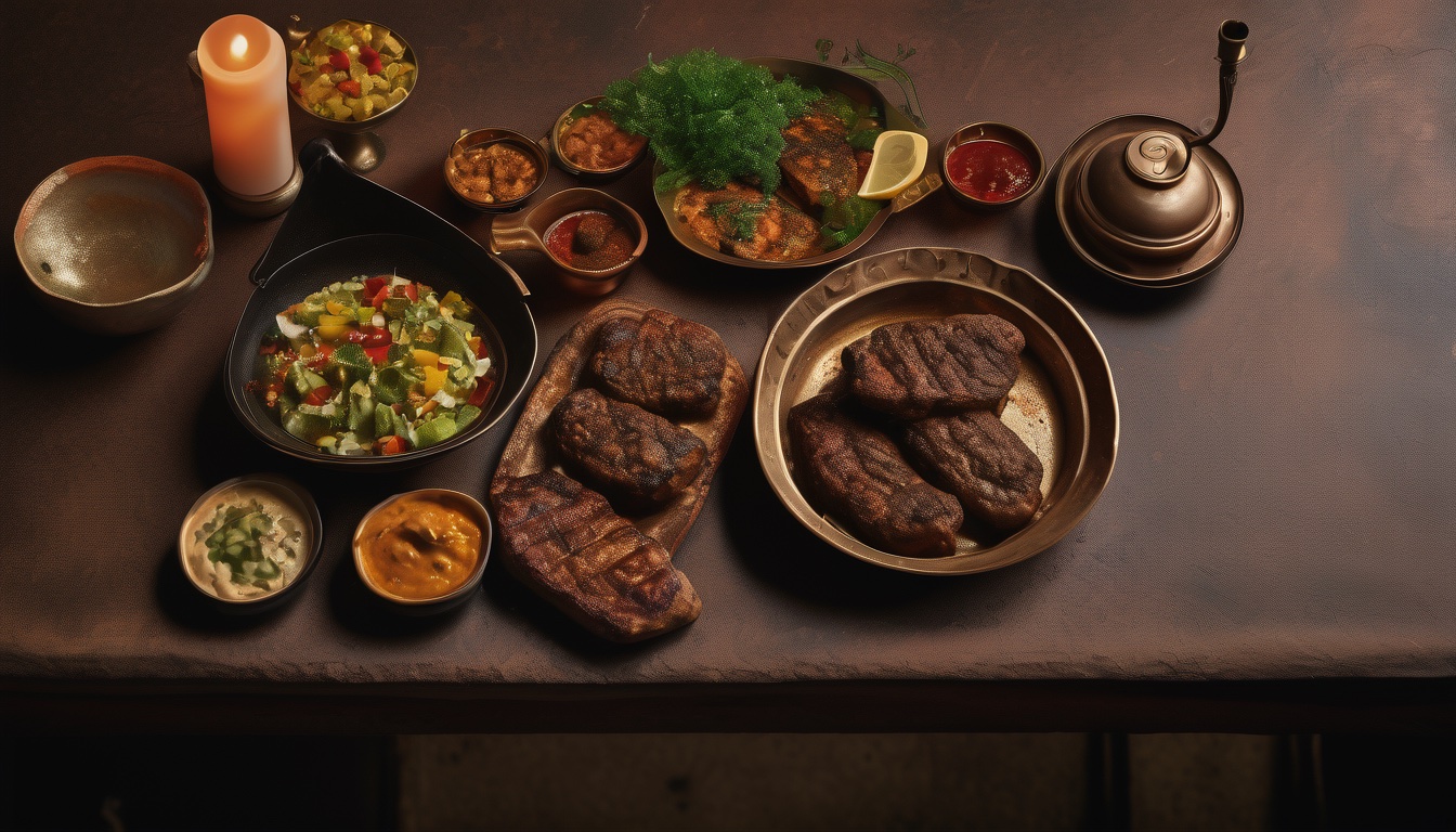 Served table with grilled meat, balady bread and mezze